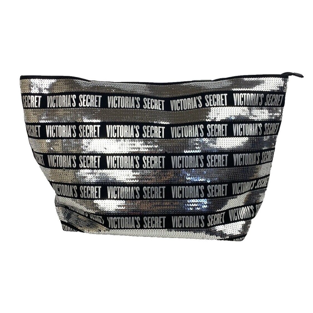 NEW Victoria's Secret Logo Tote Bag Large Shopper Black Silver Sequin Zipper
